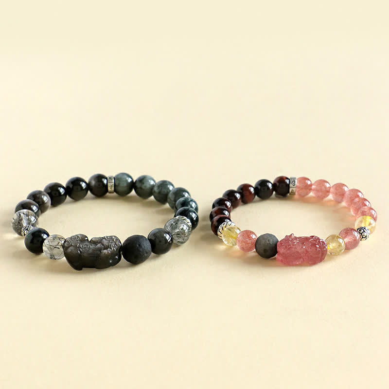 Buddha Stones Bracciale per coppie Pixiu Love intagliato a mano con quarzo fragola e ossidiana con riflessi argentati. - image 8