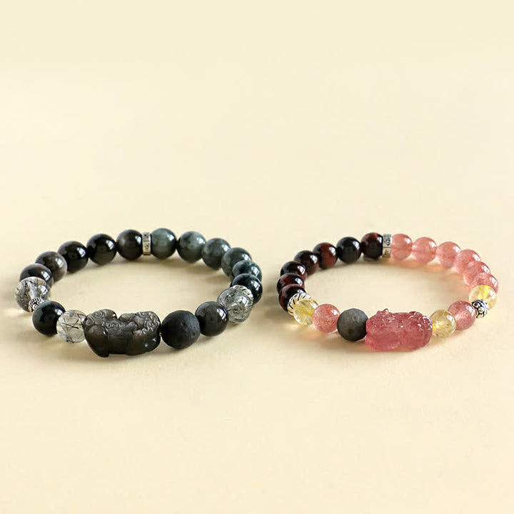 Buddha Stones Bracciale per coppie Pixiu Love intagliato a mano con quarzo fragola e ossidiana con riflessi argentati. - image 8