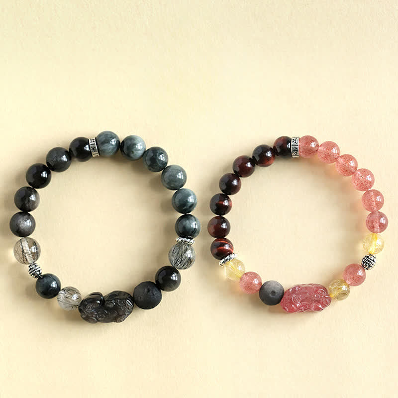 Buddha Stones Bracciale per coppie Pixiu Love intagliato a mano con quarzo fragola e ossidiana con riflessi argentati. - image 4