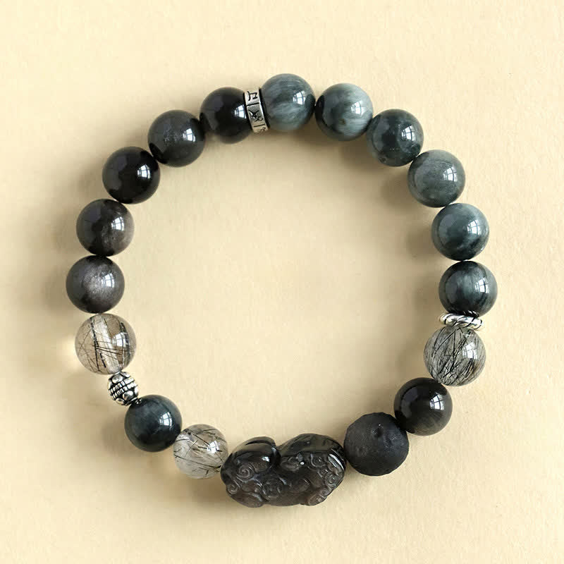 Buddha Stones Bracciale per coppie Pixiu Love intagliato a mano con quarzo fragola e ossidiana con riflessi argentati. - Ossidiana argentata (Protezione♥Lenitiva) - image 0