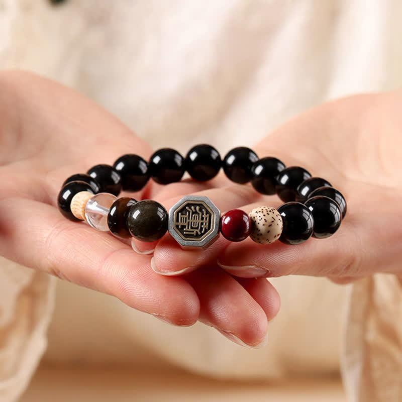 Buddha Stones Bracciale tibetano rotondo di protezione Bagua in ossidiana nera. - image 4