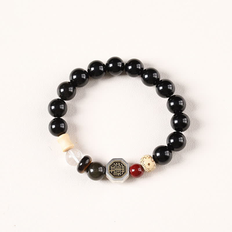 Buddha Stones Bracciale tibetano rotondo di protezione Bagua in ossidiana nera. - Ossidiana nera (Protezione ♥ Radicamento) - image 0