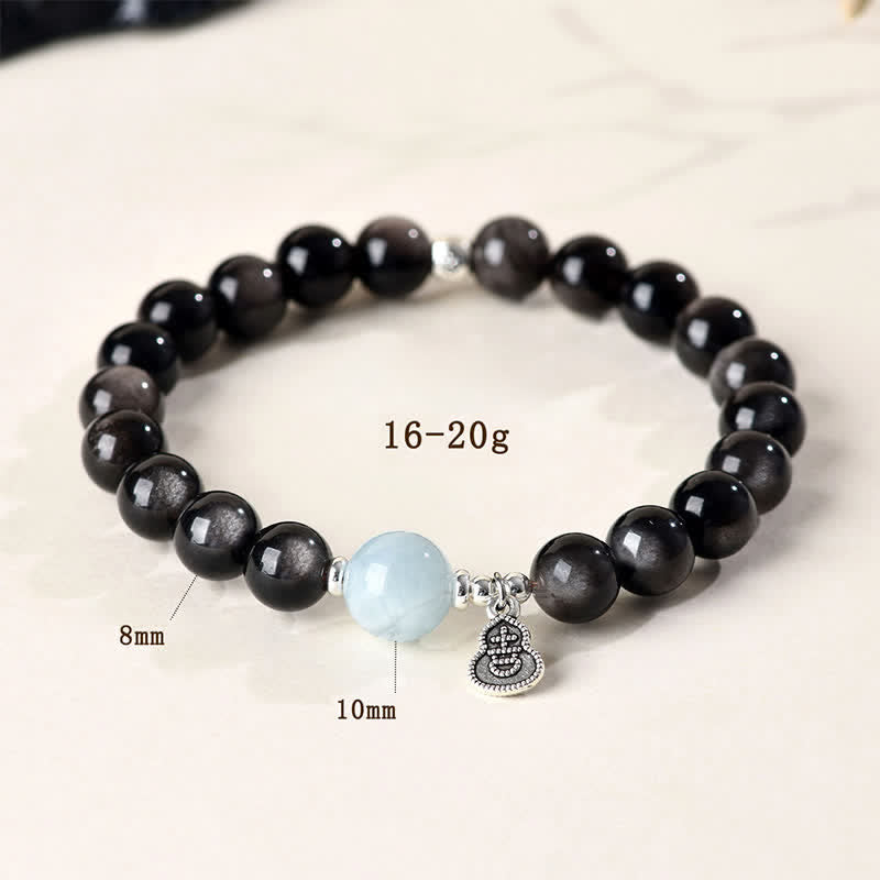 Buddha Stones Bracciale rotondo portafortuna a forma di zucca con ossidiana e acquamarina con riflessi argentati. - image 4
