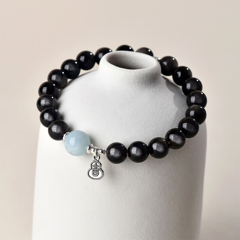Buddha Stones Bracciale rotondo portafortuna a forma di zucca con ossidiana e acquamarina con riflessi argentati. - image 3