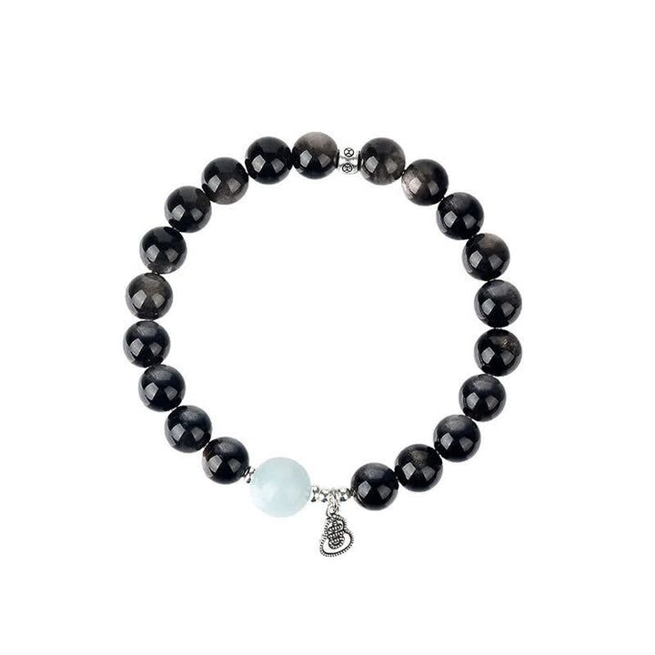Buddha Stones Bracciale rotondo portafortuna a forma di zucca con ossidiana e acquamarina con riflessi argentati. - image 9