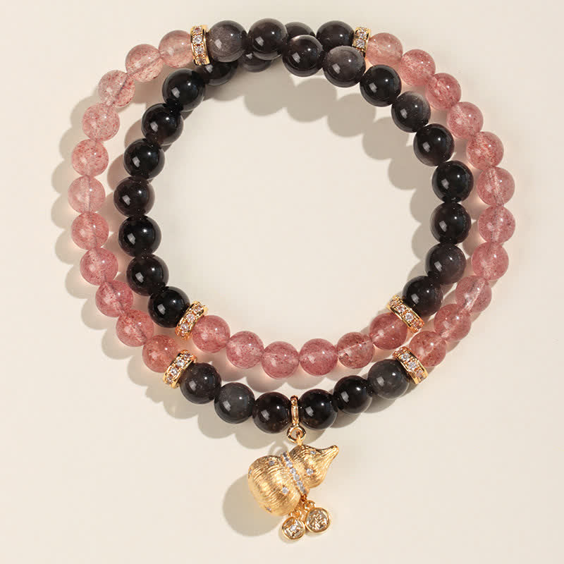 Buddha Stones Bracciale avvolgente con zucca portafortuna a forma di zucca, quarzo fragola e filo d'oro, con quarzo fragola e filo d'oro. - Bracciale a doppio giro - Quarzo Fragola (Amore ♥ Guarigione) - image 1