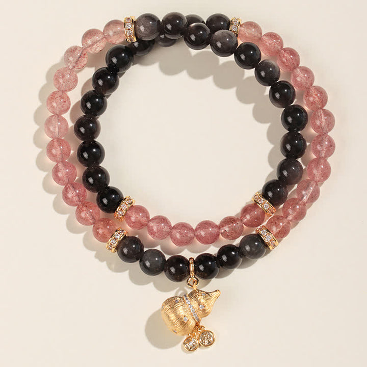 Buddha Stones Bracciale avvolgente con zucca portafortuna a forma di zucca, quarzo fragola e filo d'oro, con quarzo fragola e filo d'oro. - Bracciale a doppio giro - Quarzo Fragola (Amore ♥ Guarigione) - image 1