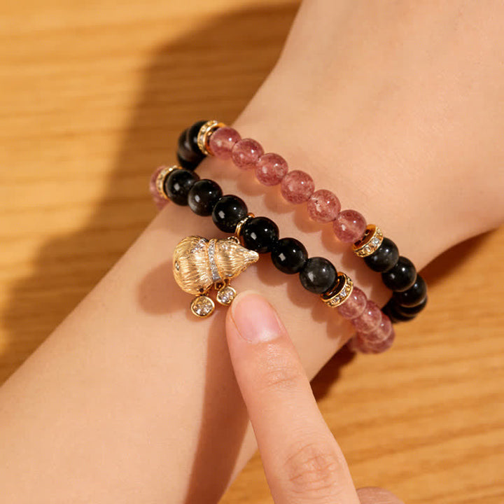 Buddha Stones Bracciale avvolgente con zucca portafortuna a forma di zucca, quarzo fragola e filo d'oro, con quarzo fragola e filo d'oro. - image 2