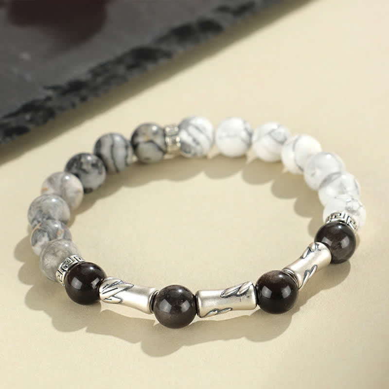 Buddha Stones Bracciale rotondo in argento sterling 999 con turchese bianco e ossidiana con riflessi argentati, ideale per radicamento e messa a terra. - image 2