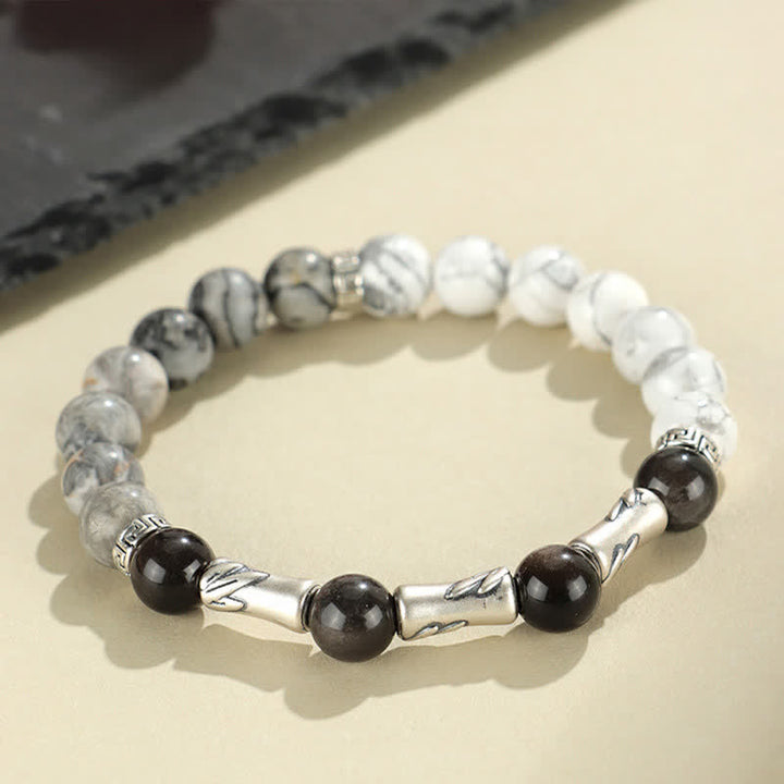Buddha Stones Bracciale rotondo in argento sterling 999 con turchese bianco e ossidiana con riflessi argentati, ideale per radicamento e messa a terra. - image 2