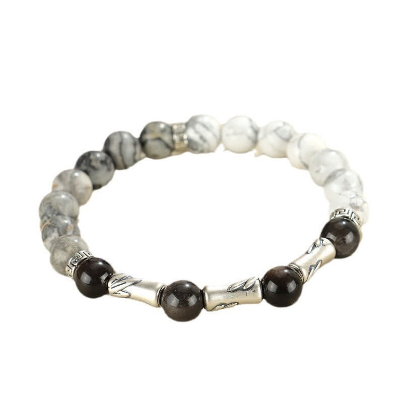 Buddha Stones Bracciale rotondo in argento sterling 999 con turchese bianco e ossidiana con riflessi argentati, ideale per radicamento e messa a terra. - image 11