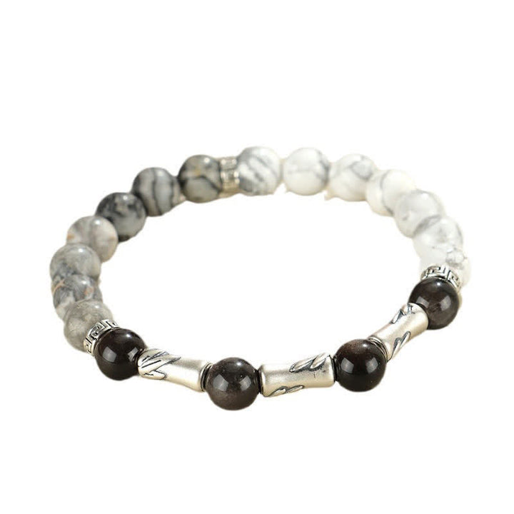 Buddha Stones Bracciale rotondo in argento sterling 999 con turchese bianco e ossidiana con riflessi argentati, ideale per radicamento e messa a terra. - image 11