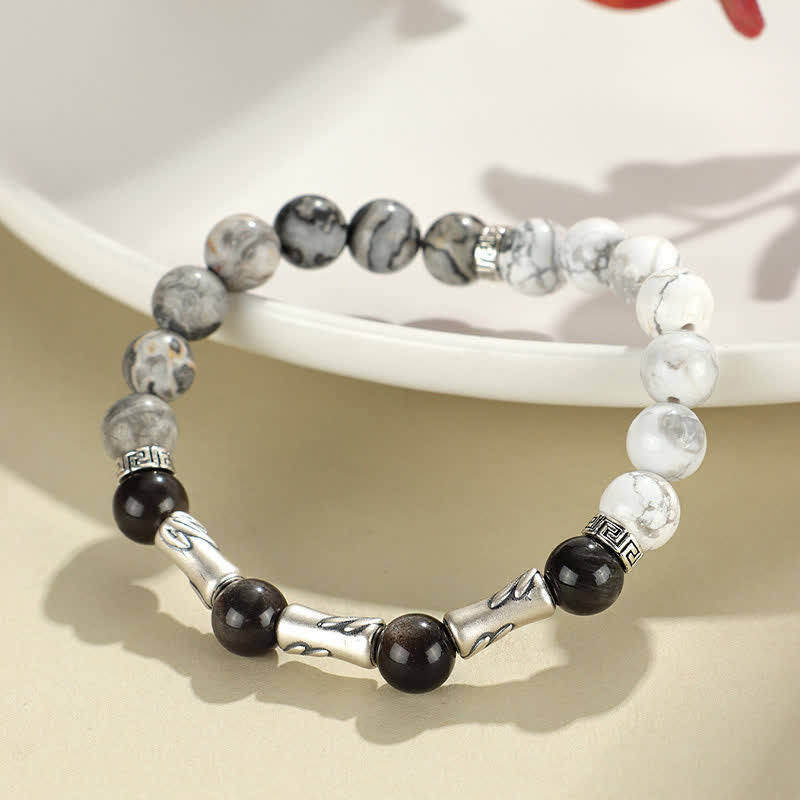 Buddha Stones Bracciale rotondo in argento sterling 999 con turchese bianco e ossidiana con riflessi argentati, ideale per radicamento e messa a terra. - image 1