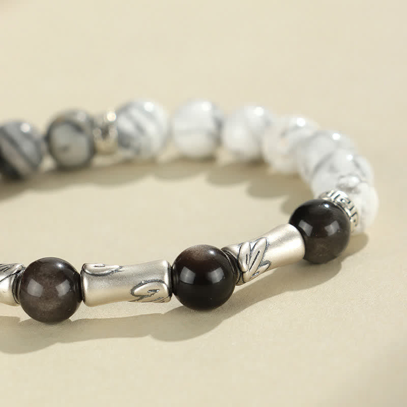 Buddha Stones Bracciale rotondo in argento sterling 999 con turchese bianco e ossidiana con riflessi argentati, ideale per radicamento e messa a terra. - image 9