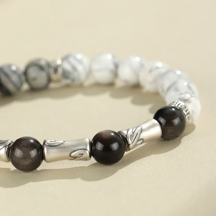 Buddha Stones Bracciale rotondo in argento sterling 999 con turchese bianco e ossidiana con riflessi argentati, ideale per radicamento e messa a terra. - image 9