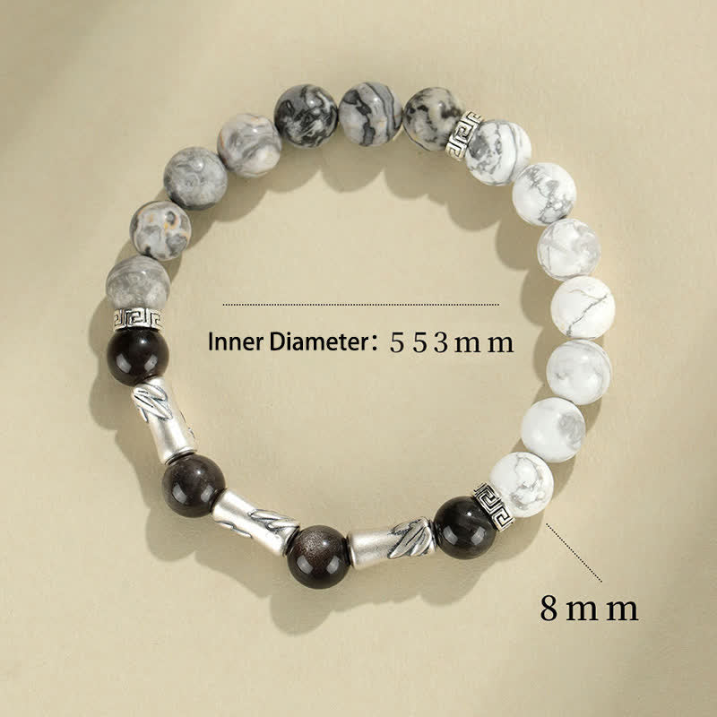Buddha Stones Bracciale rotondo in argento sterling 999 con turchese bianco e ossidiana con riflessi argentati, ideale per radicamento e messa a terra. - image 8