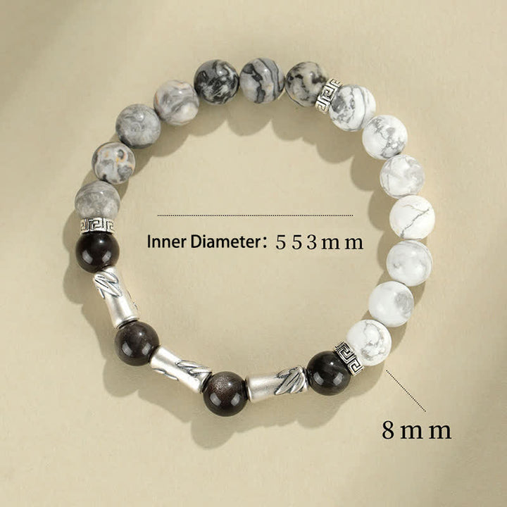 Buddha Stones Bracciale rotondo in argento sterling 999 con turchese bianco e ossidiana con riflessi argentati, ideale per radicamento e messa a terra. - image 8