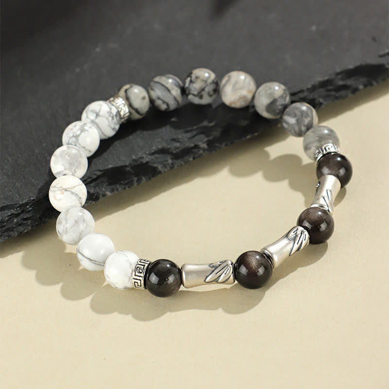 Buddha Stones Bracciale rotondo in argento sterling 999 con turchese bianco e ossidiana con riflessi argentati, ideale per radicamento e messa a terra. - image 3