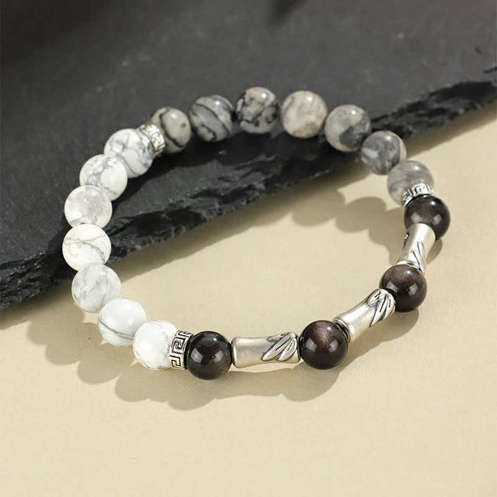 Buddha Stones Bracciale rotondo in argento sterling 999 con turchese bianco e ossidiana con riflessi argentati, ideale per radicamento e messa a terra. - image 3