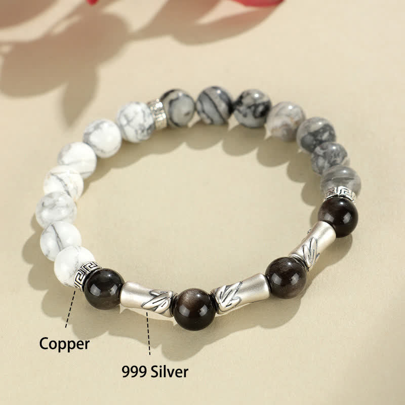 Buddha Stones Bracciale rotondo in argento sterling 999 con turchese bianco e ossidiana con riflessi argentati, ideale per radicamento e messa a terra. - image 4