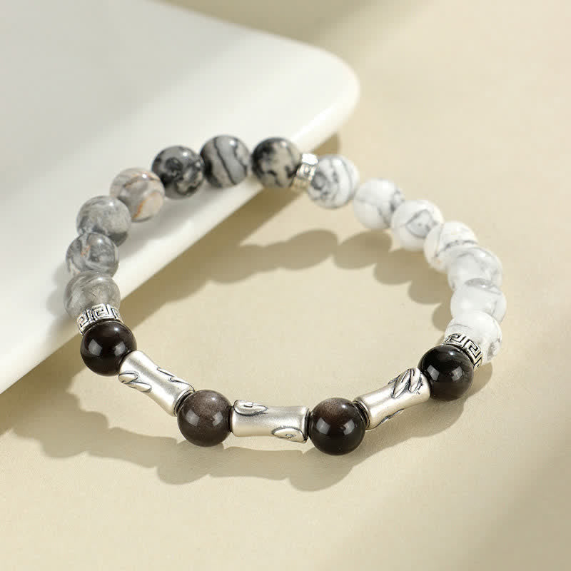 Buddha Stones Bracciale rotondo in argento sterling 999 con turchese bianco e ossidiana con riflessi argentati, ideale per radicamento e messa a terra. - Turchese bianco (Calma ♥ Ricchezza Rilassamento) - image 0