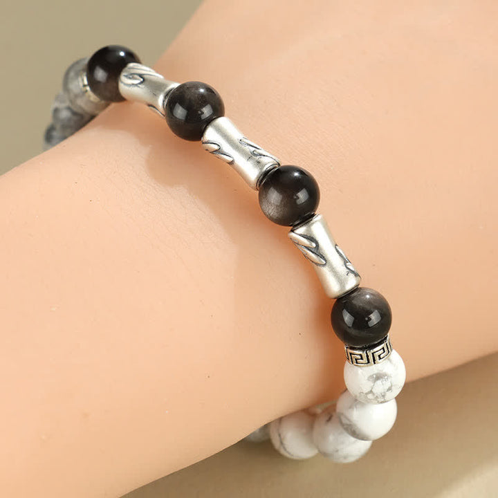 Buddha Stones Bracciale rotondo in argento sterling 999 con turchese bianco e ossidiana con riflessi argentati, ideale per radicamento e messa a terra. - image 10