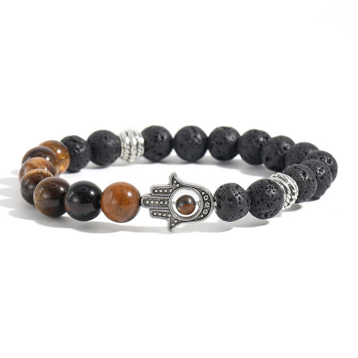 Buddha Stones Bracciale rotondo artigianale in pietra lavica con Hamsa per la protezione del palmo della mano (Hama). - Occhio di tigre e roccia lavica - image 11