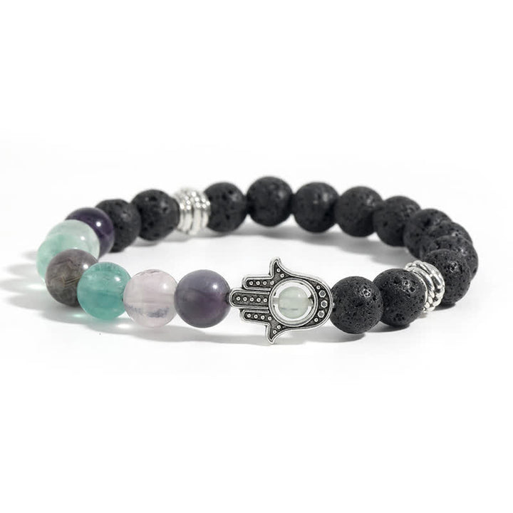 Buddha Stones Bracciale rotondo artigianale in pietra lavica con Hamsa per la protezione del palmo della mano (Hama). - Fluorite naturale e roccia lavica - image 3