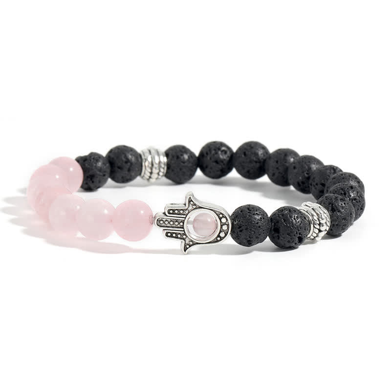 Buddha Stones Bracciale rotondo artigianale in pietra lavica con Hamsa per la protezione del palmo della mano (Hama). - Quarzo rosa e pietra lavica - image 4
