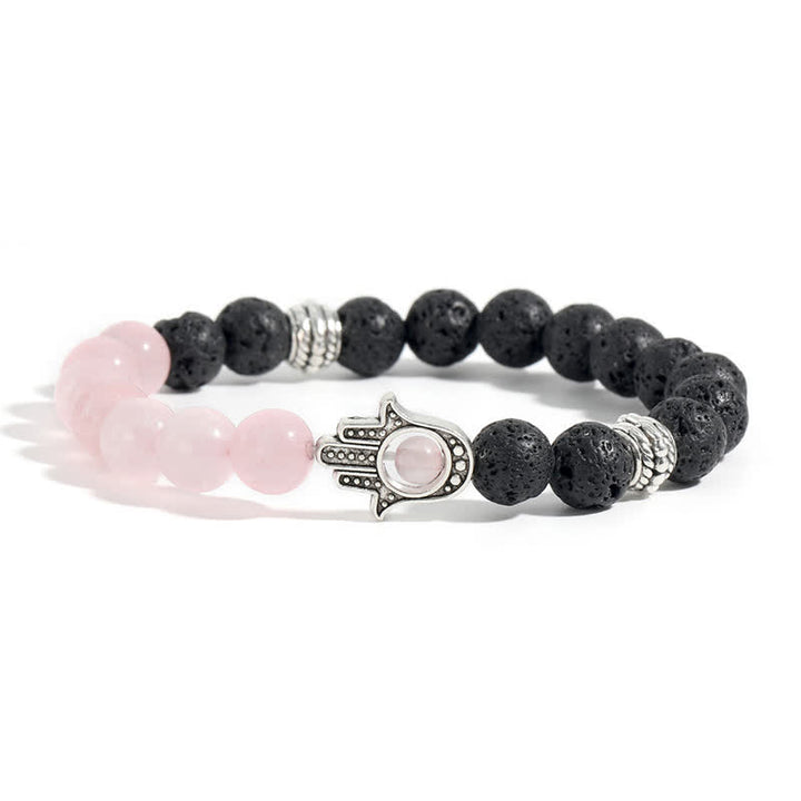 Buddha Stones Bracciale rotondo artigianale in pietra lavica con Hamsa per la protezione del palmo della mano (Hama). - Quarzo rosa e pietra lavica - image 4