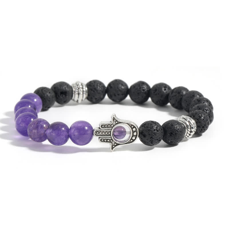 Buddha Stones Bracciale rotondo artigianale in pietra lavica con Hamsa per la protezione del palmo della mano (Hama). - Calcedonio viola e roccia lavica - image 9