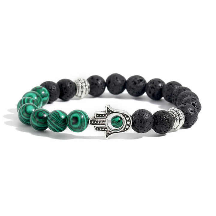 Buddha Stones Bracciale rotondo artigianale in pietra lavica con Hamsa per la protezione del palmo della mano (Hama). - Agata pavone e roccia lavica - image 2