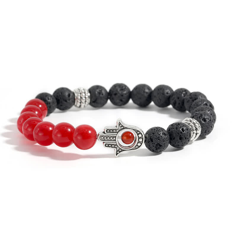 Buddha Stones Bracciale rotondo artigianale in pietra lavica con Hamsa per la protezione del palmo della mano (Hama). - Agata rossa e roccia lavica - image 8