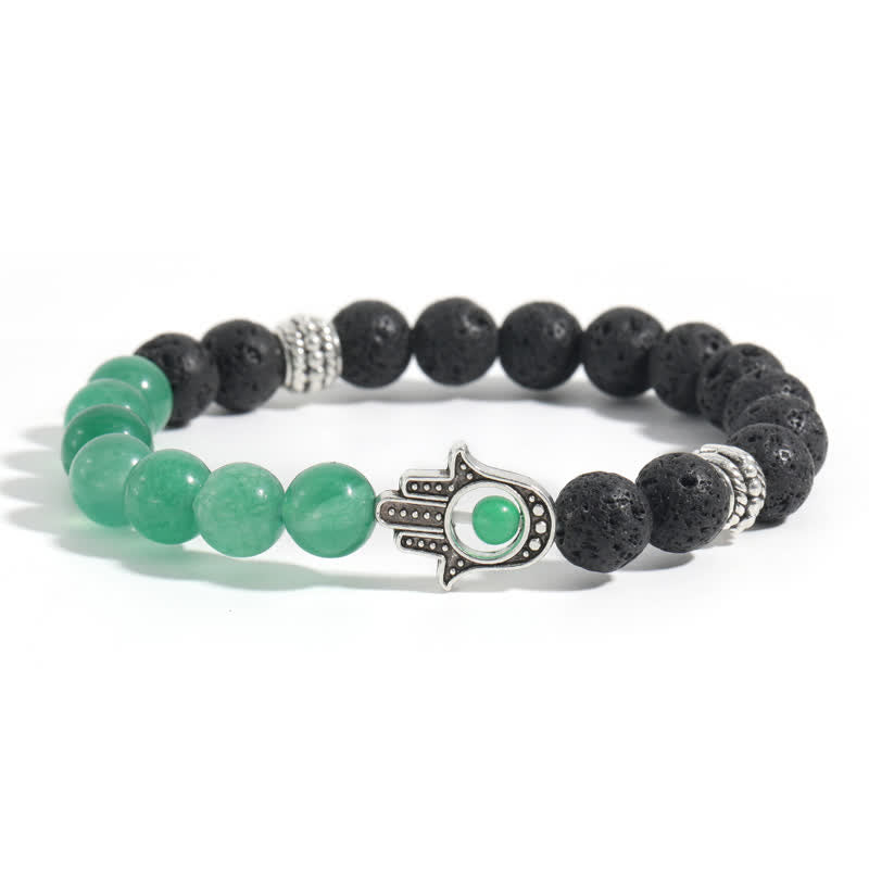 Buddha Stones Bracciale rotondo artigianale in pietra lavica con Hamsa per la protezione del palmo della mano (Hama). - Avventurina verde e roccia lavica - image 12