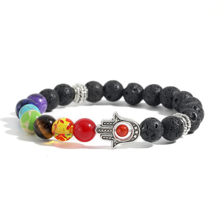 Buddha Stones Bracciale rotondo artigianale in pietra lavica con Hamsa per la protezione del palmo della mano (Hama). - Pietra multicolore e roccia lavica - image 7