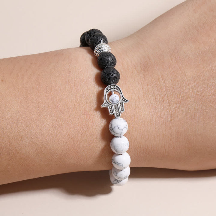 Buddha Stones Bracciale rotondo artigianale in pietra lavica con Hamsa per la protezione del palmo della mano (Hama). - image 17