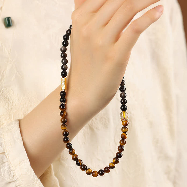Buddha Stones Bracciale a doppio giro intrecciato a mano in ossidiana occhio di tigre con riflessi argentati, simbolo di prosperità. - image 10