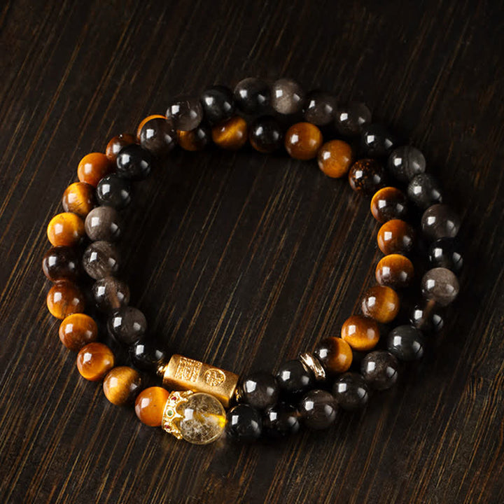 Buddha Stones Bracciale a doppio giro intrecciato a mano in ossidiana occhio di tigre con riflessi argentati, simbolo di prosperità. - image 3