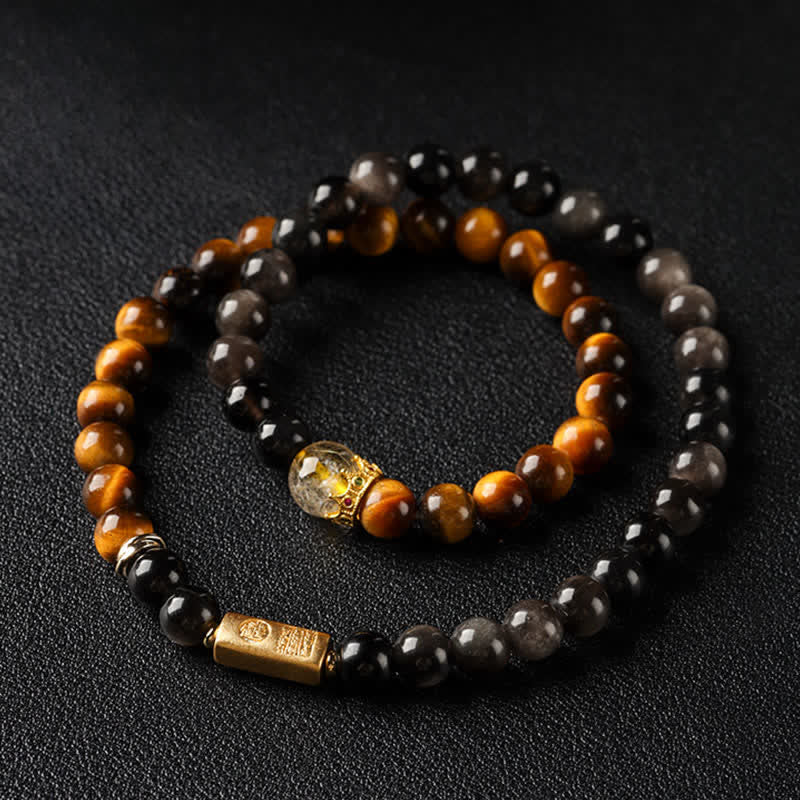 Buddha Stones Bracciale a doppio giro intrecciato a mano in ossidiana occhio di tigre con riflessi argentati, simbolo di prosperità. - image 1
