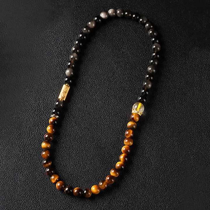 Buddha Stones Bracciale a doppio giro intrecciato a mano in ossidiana occhio di tigre con riflessi argentati, simbolo di prosperità. - image 4