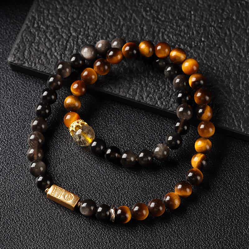 Buddha Stones Bracciale a doppio giro intrecciato a mano in ossidiana occhio di tigre con riflessi argentati, simbolo di prosperità. - image 2