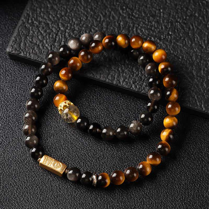 Buddha Stones Bracciale a doppio giro intrecciato a mano in ossidiana occhio di tigre con riflessi argentati, simbolo di prosperità. - image 2