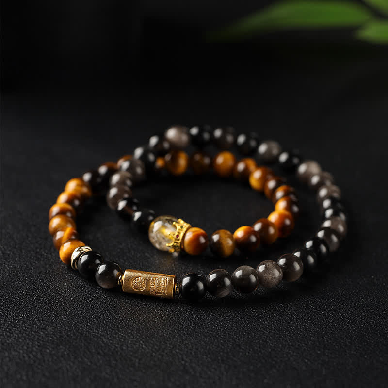 Buddha Stones Bracciale a doppio giro intrecciato a mano in ossidiana occhio di tigre con riflessi argentati, simbolo di prosperità. - Occhio di tigre (Protezione♥Forza) - image 0