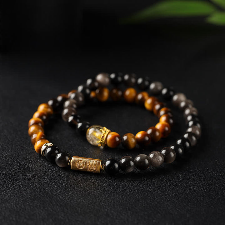 Buddha Stones Bracciale a doppio giro intrecciato a mano in ossidiana occhio di tigre con riflessi argentati, simbolo di prosperità. - Occhio di tigre (Protezione♥Forza) - image 0