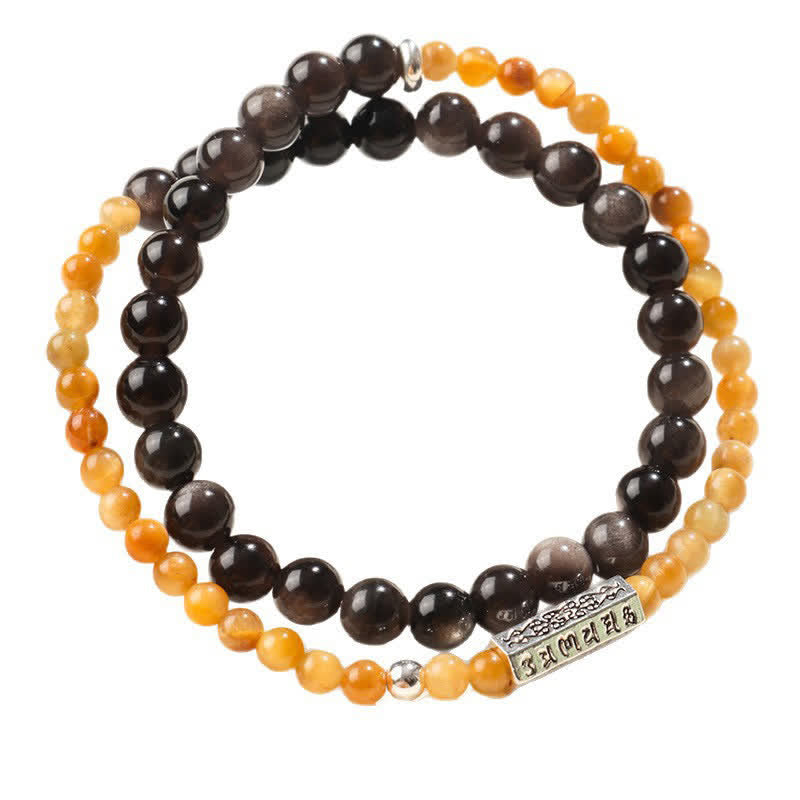 Buddha Stones Bracciale a doppio giro Om Mani Padme Hum in ossidiana con lucentezza argentata, per radicamento. - image 11