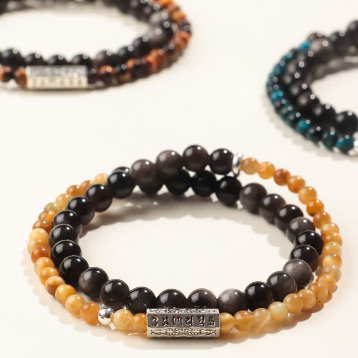 Buddha Stones Bracciale a doppio giro Om Mani Padme Hum in ossidiana con lucentezza argentata, per radicamento. - image 8
