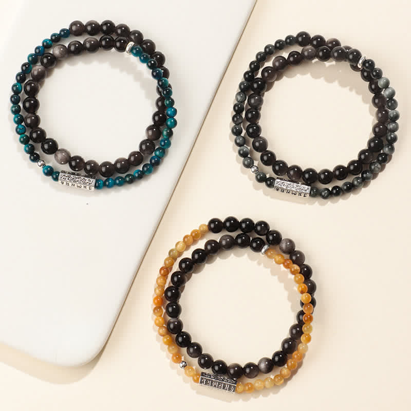 Buddha Stones Bracciale a doppio giro Om Mani Padme Hum in ossidiana con lucentezza argentata, per radicamento. - image 9