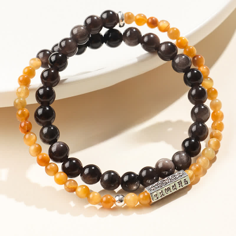 Buddha Stones Bracciale a doppio giro Om Mani Padme Hum in ossidiana con lucentezza argentata, per radicamento. - image 0