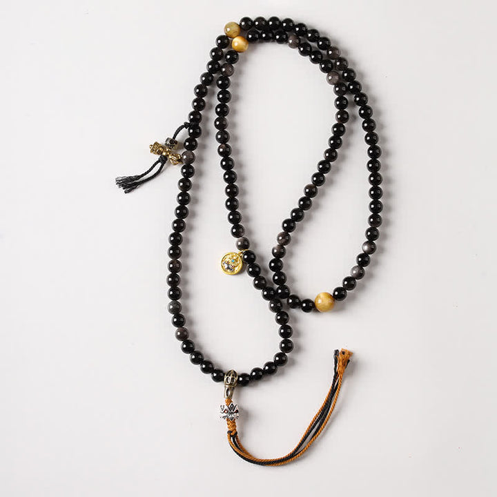 Buddha Stones Collana di perle intrecciate a mano con ciondolo a forma di Garuda in ossidiana con riflessi argentati, simbolo di protezione. - Garuda (Protezione ♥ Potere spirituale) - Ossidiana argentata (Protezione♥Lenitiva) - image 1
