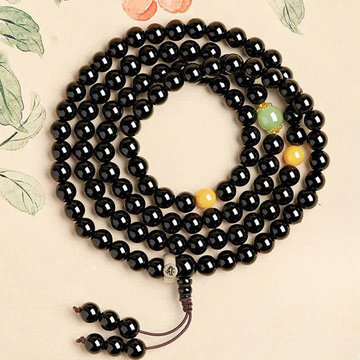 Buddha Stones Mala cinese con 108 perline e nappa, in ossidiana nera, con protezione dello zodiaco cinese e decorazione a mano, per la protezione dai segni zodiacali. - Avalokiteshvara dalle mille braccia e dai topi - 8 mm - image 0